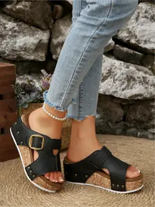 Women's Buckle Wedge Slide Sandals, Rivet Cork Platform Shoes for Summer Beach