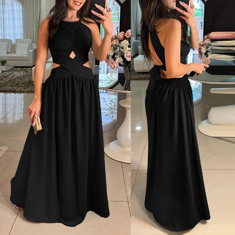 ChicMe Women's Halter Sleeveless Valentine's Day Tied Detail Shirred Criss Cross Flared Dress/Halter Sleeveless Flared Evening Dress Glamorous Wedding Guest Evening Wedding Dress