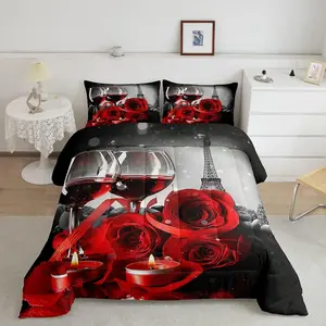 Rose Wine Glass Comforter Set,Eiffel Tower Bedding Set,Red Black Rose Floral Quilt Set,Banquet Flower Blossom Romantic Valentine's Day Duvet Set