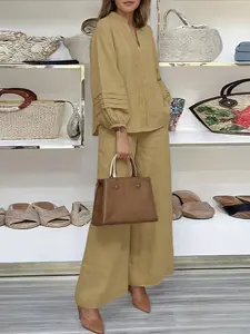 ZANZEA Women's Casual Everyday Set, V Neck Ruched Lantern Sleeves Long Sleeve Top, Front Short Back Long Pants, Elastic Waistband, All Seasons