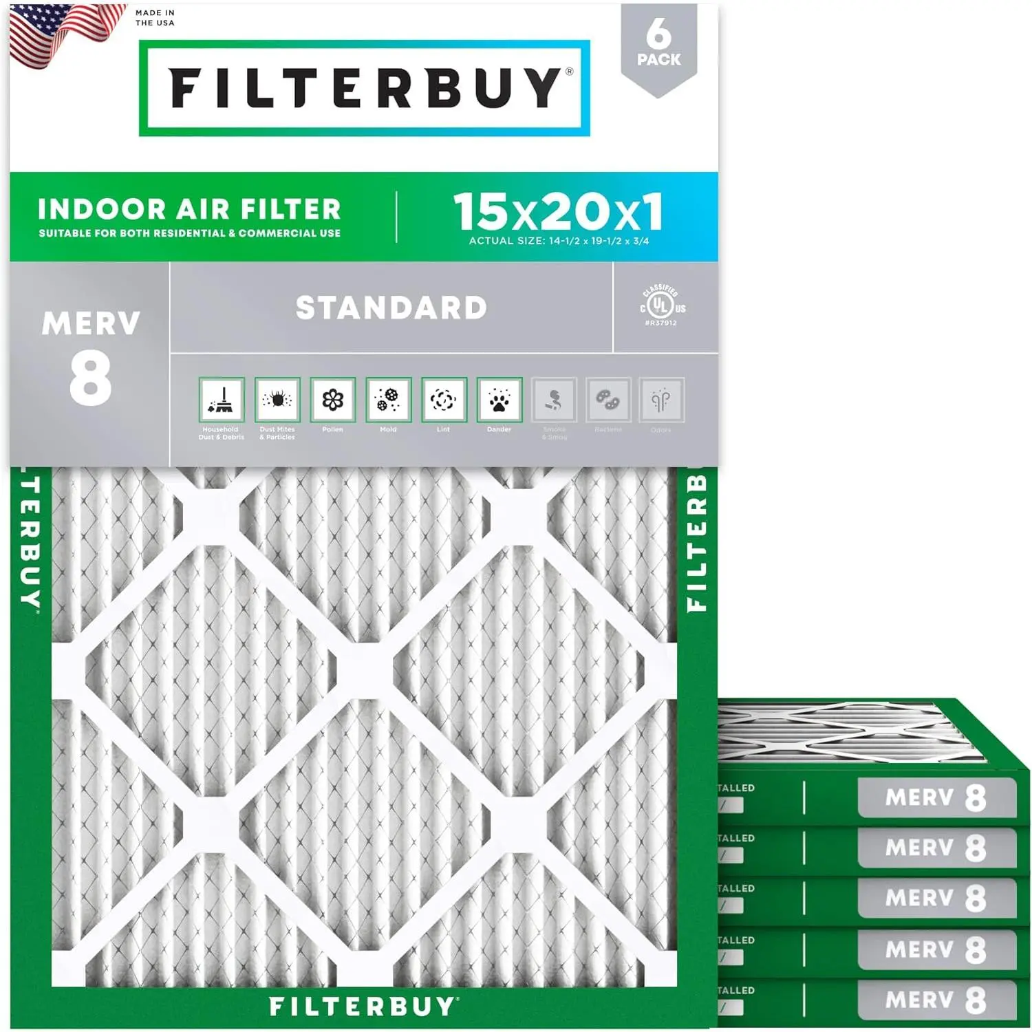 Filterbuy 15x20x1 Electrostatically Charged Air Purifier Filters (6-Pack Value), Eco-Friendly Pleated MERV 8 Dust Defense for HVAC AC Furnace, Recyclable Materials, Actual Size 14.50x19.50x0.75 In, New