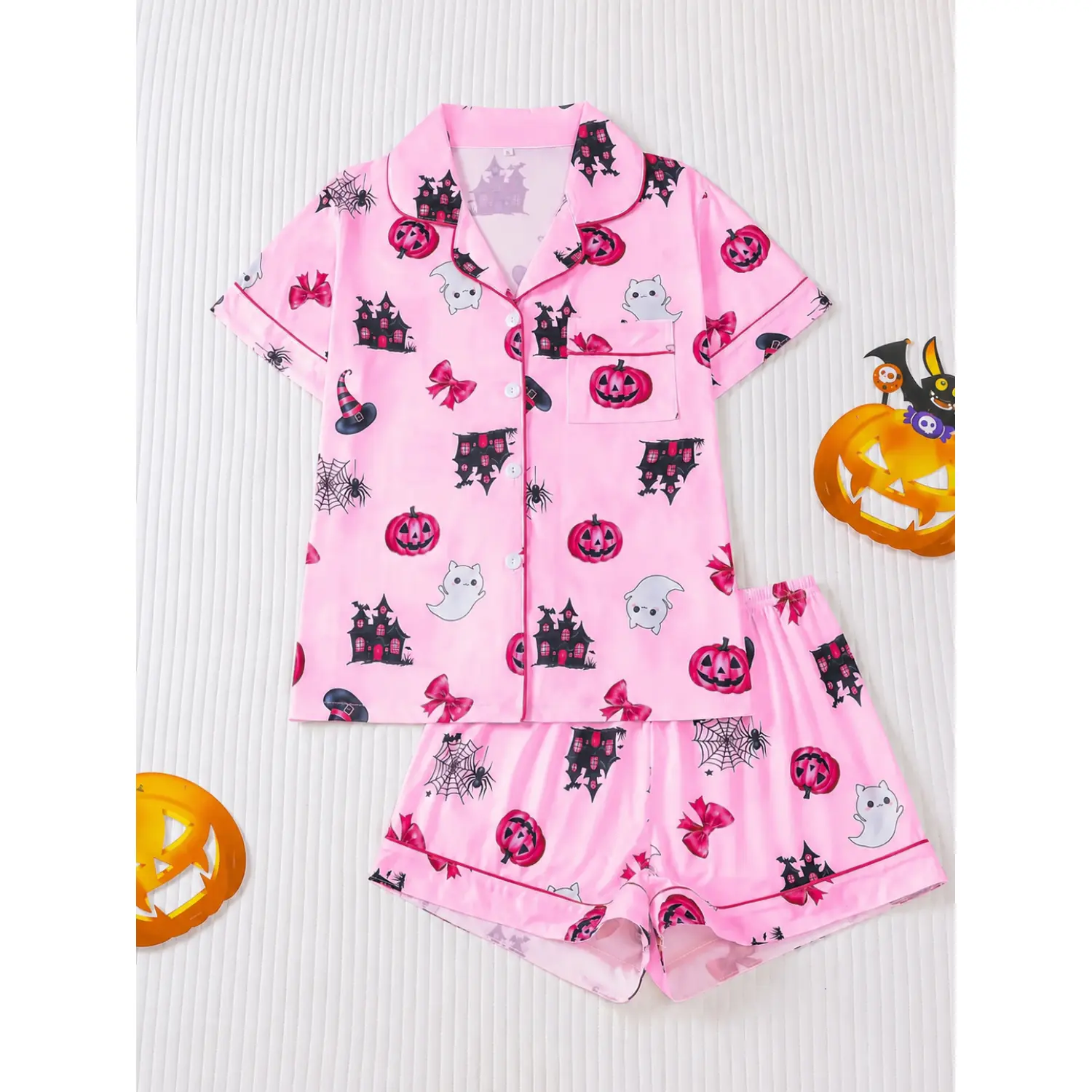 Women's Halloween Pumpkin Pajama Set - Short Sleeve Button-Front Top and Elastic Shorts, Elegant and Comfortable Sleepwear for All Seasons