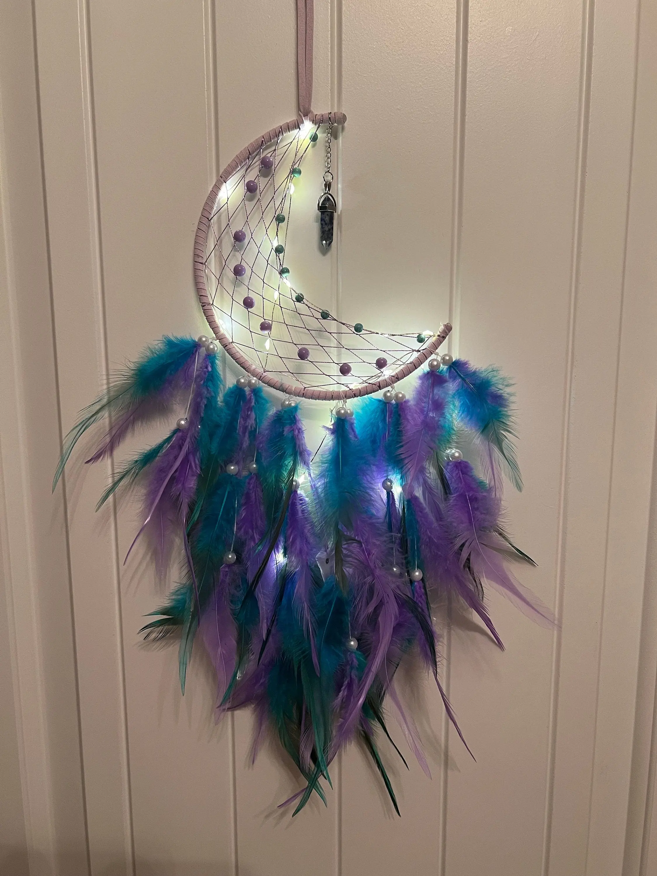 Dream catcher ,Cresent Moon with feathers lights and Lapis Lazuli Crystal infused with Reiki Hangable Hanging Decor