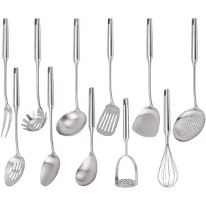 304 Stainless Steel Kitchen Utensils Set(11PCS),Include slotted spoon stainless steel, metal cooking slotted spoon, metal pasta spoon and etc,Easy to Clean