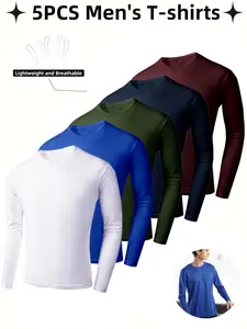 Men's 5-Pack Quick-Dry Long Sleeve T-Shirts, Classic Solid Color Round Neck, Casual Tie Dye Sports Tops for Basketball, Cycling, Running, Quick Drying Top, Breathable Athletics, Activewear Tee, Fitness Sport Top