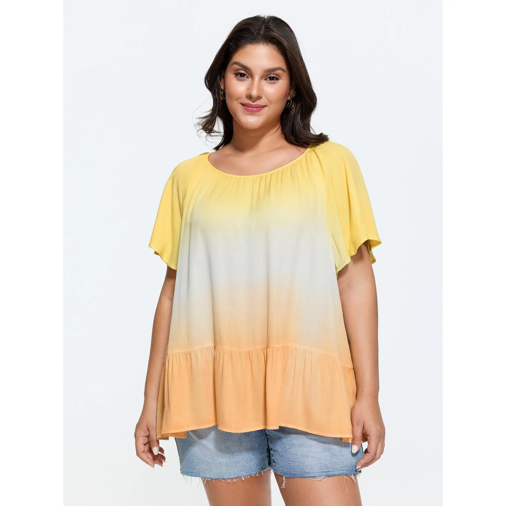 BloomChic Women's Plus Size Ombre Ruffle Sleeve Blouse, Smooth Rayon Tiered Relaxed-Fit Shirt for Summer, Garment, Shirts, Lady, Casual, Multicolor