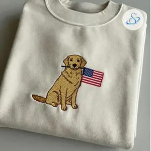 Golden Retriever Holding American Flag Embroidered Sweatshirt, Patriotic Dog Lover Crewneck, 4th of July USA Pullover, Independence Day Gift for Women and Men