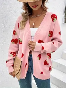 Women's Valentine Christmas Strawberry Pattern Sweater, Long Sleeve Cardigan, Casual Fashion Knitwear for Daily Wear & Gifts