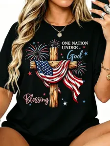 American Flag One Nation Under God Blessing Women Men Tee | 4th Of July Firework USA Patriotic T-Shirt Tops