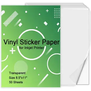 Printable Vinyl Sticker Paper for Inkjet Printer - Transparent Clear - 50 Self Adhesive Sheets - Waterproof Decal Paper - Standard Letter Size 8.5"x11" (50 sheets, transparent)