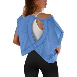 Womens Open Back Workout Tops Backless Short Sleeve Athletic Shirt Running Crop Top Gym Yoga Tee