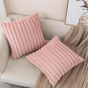 Set of 2 Faux Fur Plush Baby Pink Throw Pillow Covers Fluffy Striped Pillowcase Cushion Covers 18 x 18 Inch Decor Sofa Couch Bedroom Home Textile Soft Velvet Reverse Design Fade Resistant Shrink Resistant Fabric Hidden Zipper Easy Care Machine Washable