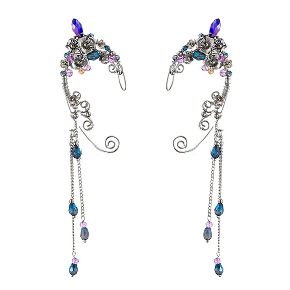 Elf Ear Cuffs, OwMell Handcraft Silver Pointed Fairy Elven Cosplay Fantasy Costume Bridal Wedding Earrings for Non Pierced Ears - Blue Tassel