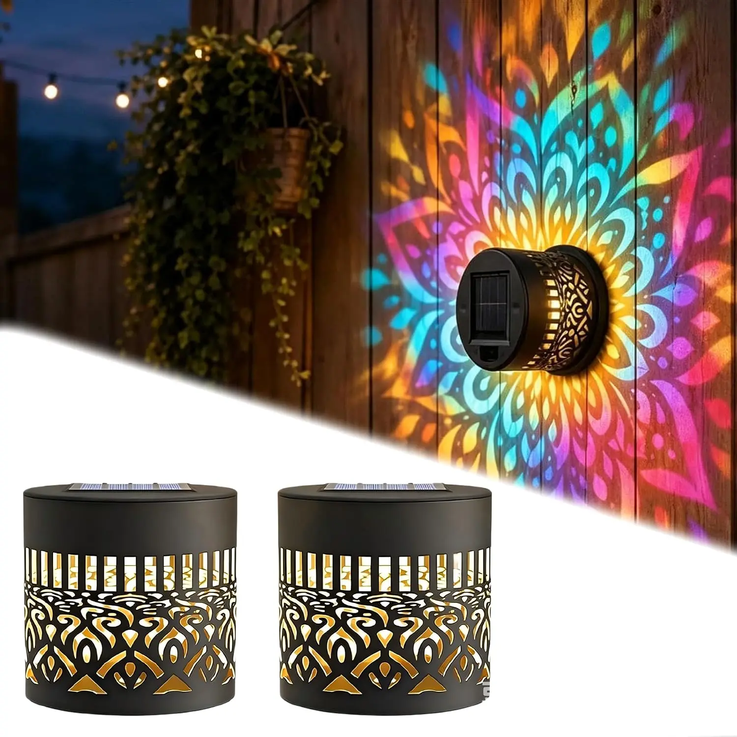 4 Pack Mandala Solar Fence Projector Lights, Waterproof Outdoor Decor Solar Wall Step Lamp, Solar Decor Light for Garden Patio Post Backyard Yard