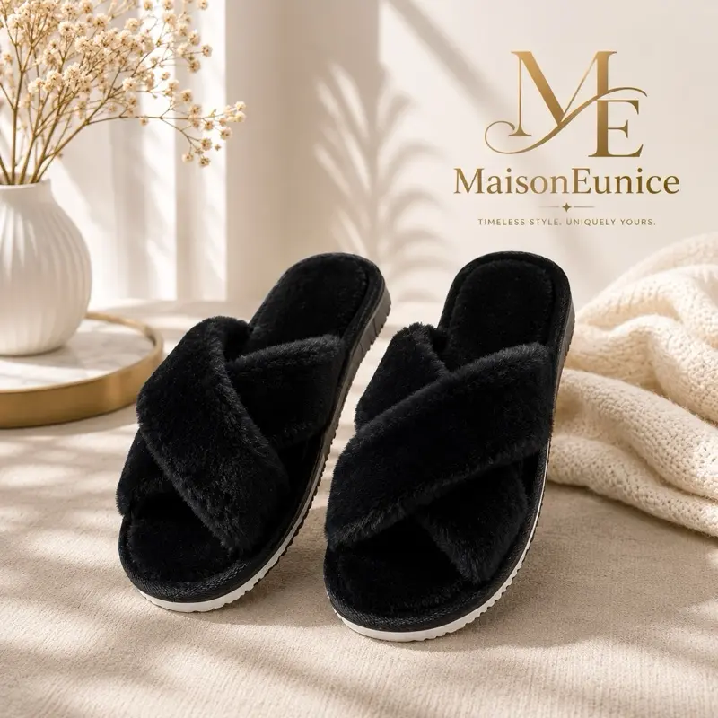 Plush Open-Toe Flat-Soled Slippers, Cross-Border Style with Cross-Over Openings, Comfortable for Spring & Autumn, Simple Fashionable Furry Cotton Slippers (1K+ Sales)