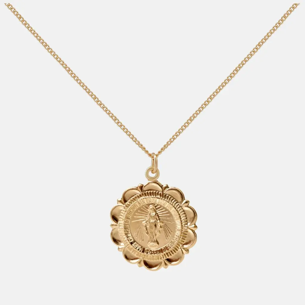 Gold Mary Necklace - Miraculous Mary Medallion with Intricate Scalloped Edges & Sunburst Rays on 14k Gold Filled Chain Perfect for Catholic Gifts