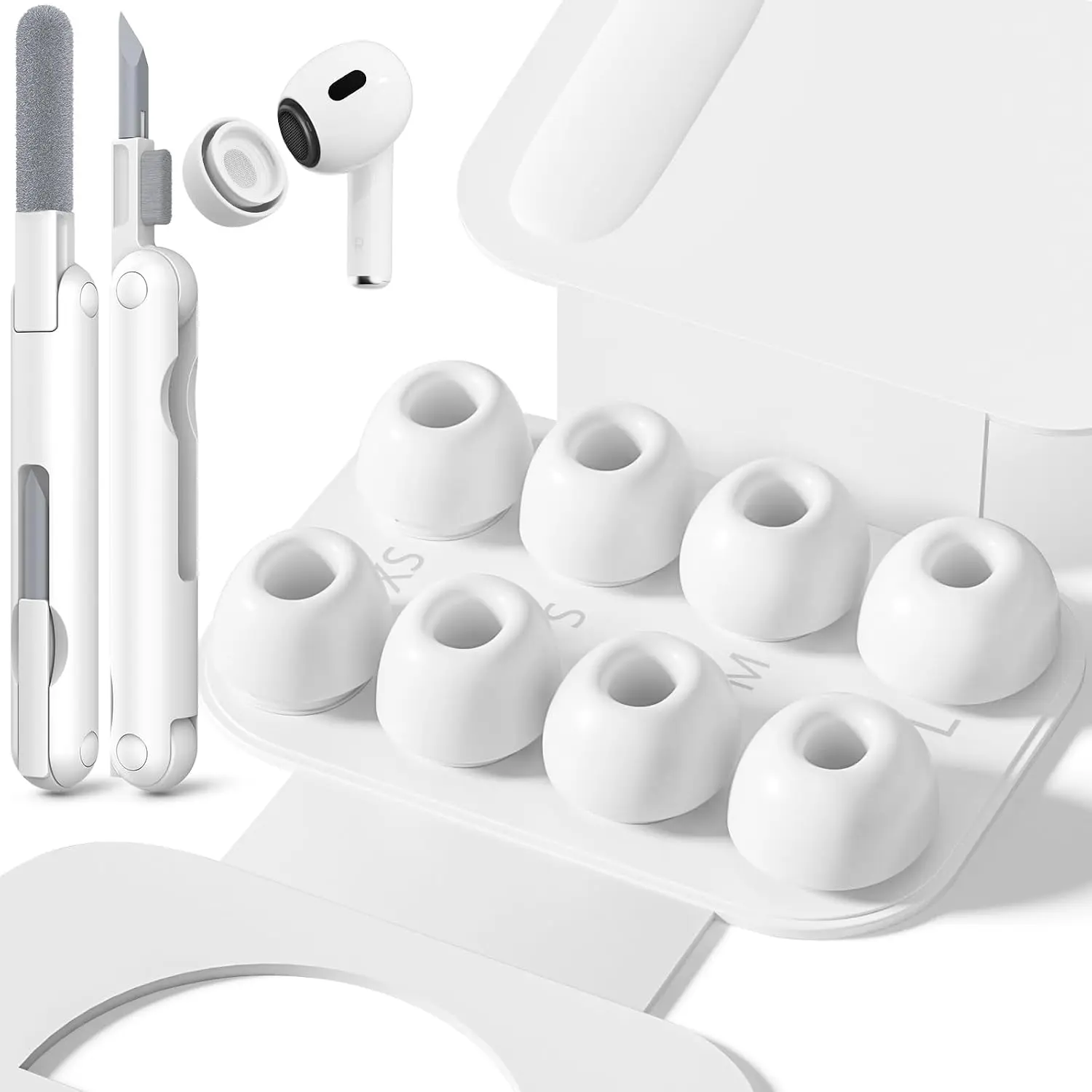 4 Pairs Replacement Ear Tips for AirPods Pro 2nd/1st (White) | with Noise Reduction Hole & Built-in dust Guard Screen,Silicone,with Portable Storage Box & Cleaner Pen,4 Size (XS/S/M/L)