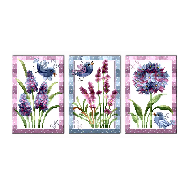 Birds and Flowers Triptych Cross Stitch Kit 220X86 Counted Embroidery DIY Craft Traditional Floral Wall Art for Living Room Holiday Gift