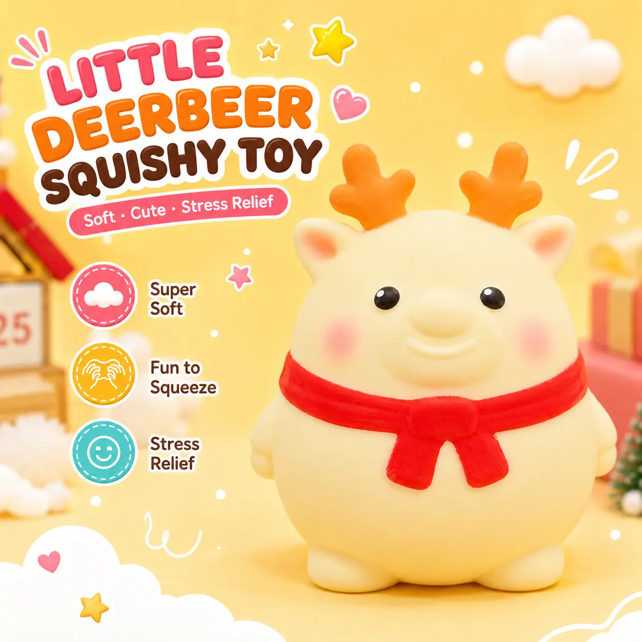 Cute Little Deer Bear Squishy Toy, 14cm TPR Shaving Cream Filled Squeeze Toy, Ultra Soft Sensory Stress Relief Fidget Toy, Christmas Desk Decor and Fun Gift