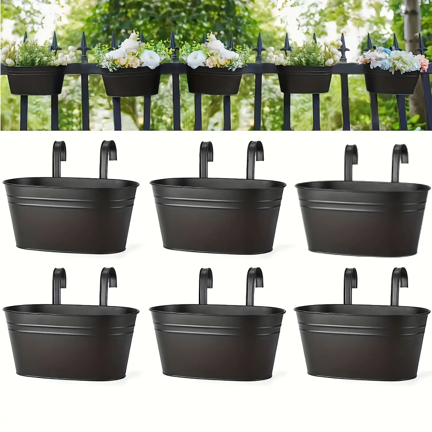 Rustic Black Iron Hanging Flower Pots with Detachable Hooks, 6pcs Set, Balcony Railing Fence Garden Decorative Flower Buckets