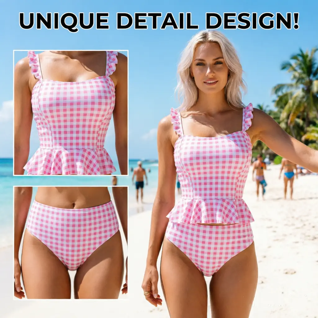 Pink Gingham Ruffle Tankini Set for Women - Adjustable Spaghetti Straps, Peplum Flounce Top, High Waist 2 Piece Modest Swimwear for Beach Pool Summer Vacation