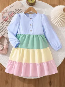 Young Girls Colorful Patchwork Button Decorated Bubble Long Sleeve Color Block Dress, Fashionable Sweet Style for Daily Wear, Vacation & Party