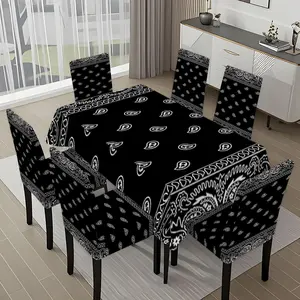 5/7-piece 2D Flat Printing Black and White Paisley Pattern Printing Pattern Tablecloth and Chair Cover Set, for dining table and chair decoration, perfect for home, holiday gatherings, restaurants, and parties.