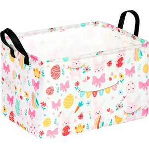 Happy Easter Eggs Bowknot Shelf Basket Clothes Laundry Box Bins, Bunny Basket, Laundry Hamper with Handles