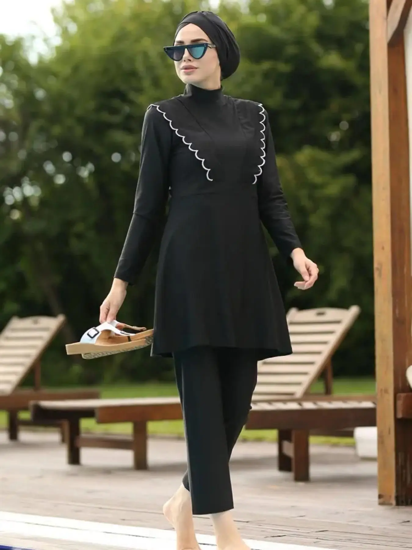 Women's Solid Long Sleeve Swim Dress & Pants & Hijab Islamic Swimwear Set, Modest Swimwear Set for Beach Swimming, Ladies Islamic Swimsuit