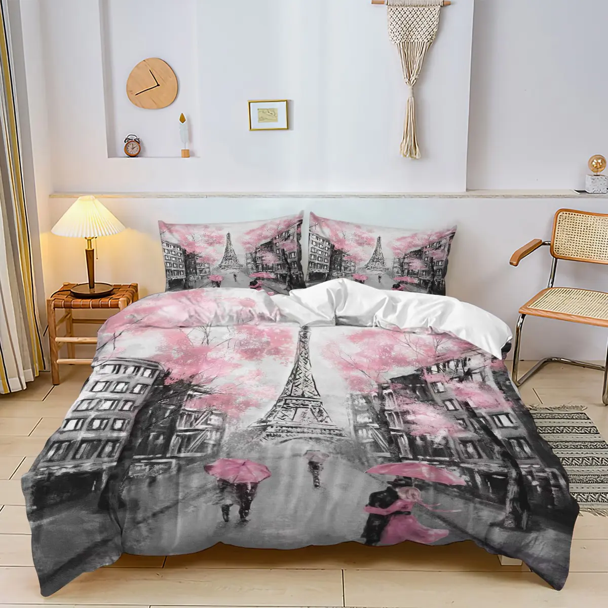 Parisian Eiffel Tower Cherry Blossom Duvet Cover Set, Romantic Pink & Monochromatic Bedding Set, Modern Artistic Bedroom Decor, Soft & Comfortable Quilt Cover for Girls, Teens, and Couples (1* Quilt Cover + 1/2* Pillowcases, No Filling）