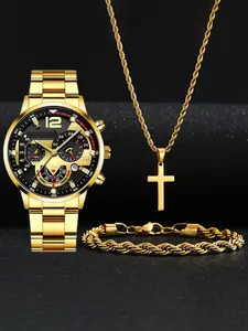 Men's Quartz Watch Set with Pendant Necklace & Bracelet, Casual Fashion Business Style, Perfect Gift for Back-To-School Thanksgiving Birthday Party