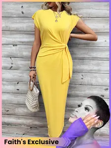 Women's Ruched Knot Front Bodycon Fit Dress, Casual Batwing Sleeve Round Neck Long Dress, Ladies Clothes for Daily Wear