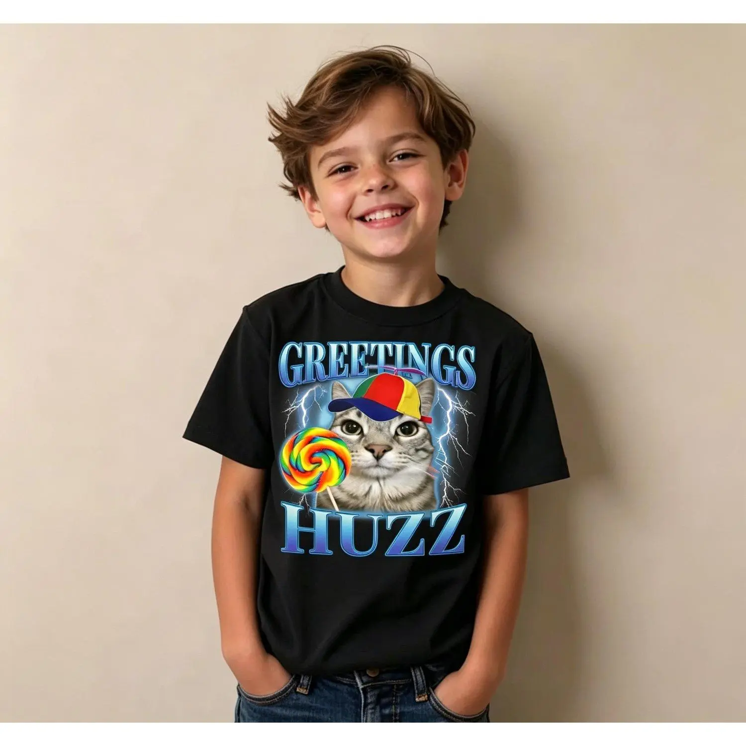 Lollipop Cat Meme Greetings Huzz Funny Silly Cats Brainrot Kids T-Shirt, suitable for boys and girls