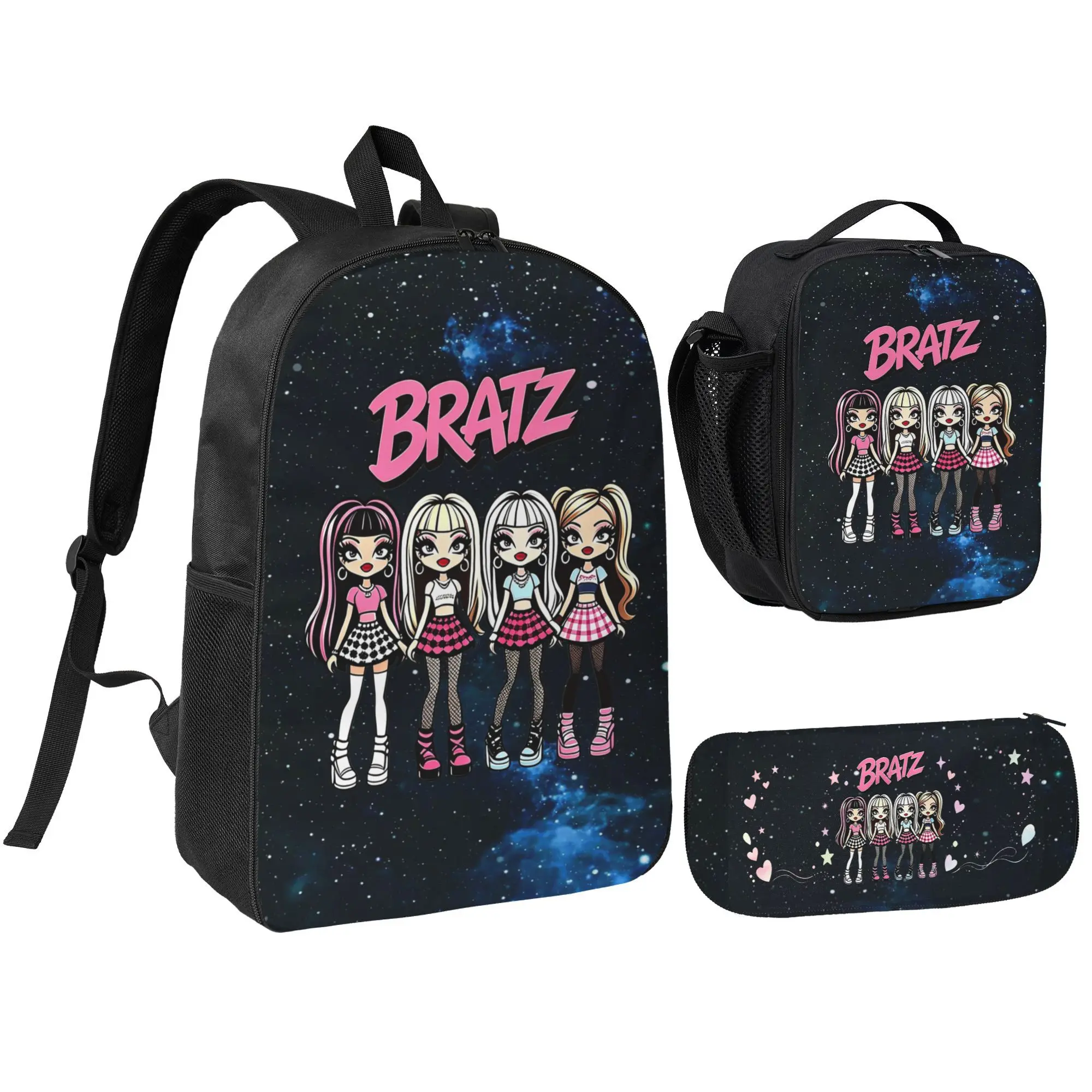 Girls' BRATZ 3-Piece Insulated Oxford Fabric Backpack Set, Adjustable Printed Polyester Daypack with Zippered Lunch Bag & Pencil Case, Lightweight Large Capacity for Back to School & Travel