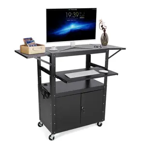 GAOMON Av Cart with Lockable Cabinet, Height Adjustable 24-42", Non-Slip Mat, 100 Lbs Capacity, Mobile Workstation with Extra Storage Space, Power Strip
