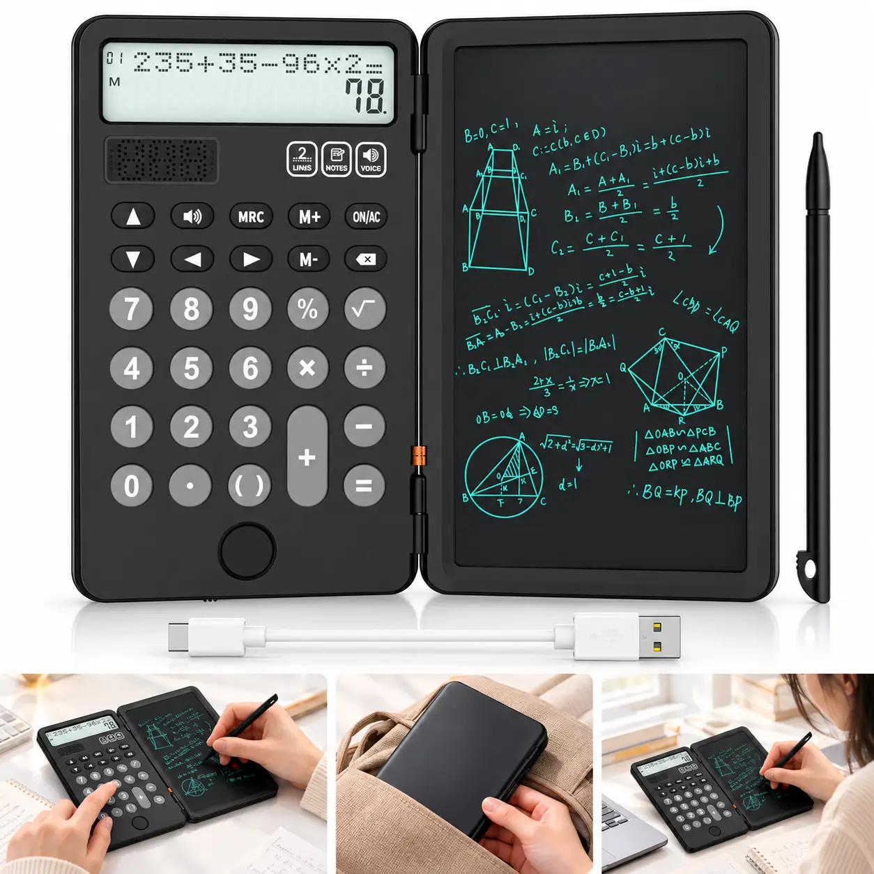 Electronic Portable Calculator with Notepad Writing Tablet - 2-Line 12-Digit Large Display, USB-Rechargeable, for Primary & Middle School Students, Office Use