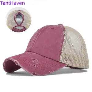 2026 ponytail washed mesh hat for making old hats, women's braided hats, light version, multi-color braided hole baseball caps, cotton