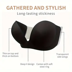 Silicone Lift Bra 1 Pair Elegant Deep V Women's Strapless Bra - Low Cut, Side Transparent, Backless Adhesive, Cohesive Support, Polyester and Silicone, Hand Washable