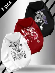 Men's Casual Loose Hooded Sweatshirt, Graphic Hoodies, Long Sleeve, Classic Tokyo Dragon Print Knit Fleece Pullover, Long Fit Fall & Winter Clothing, 3 Pack