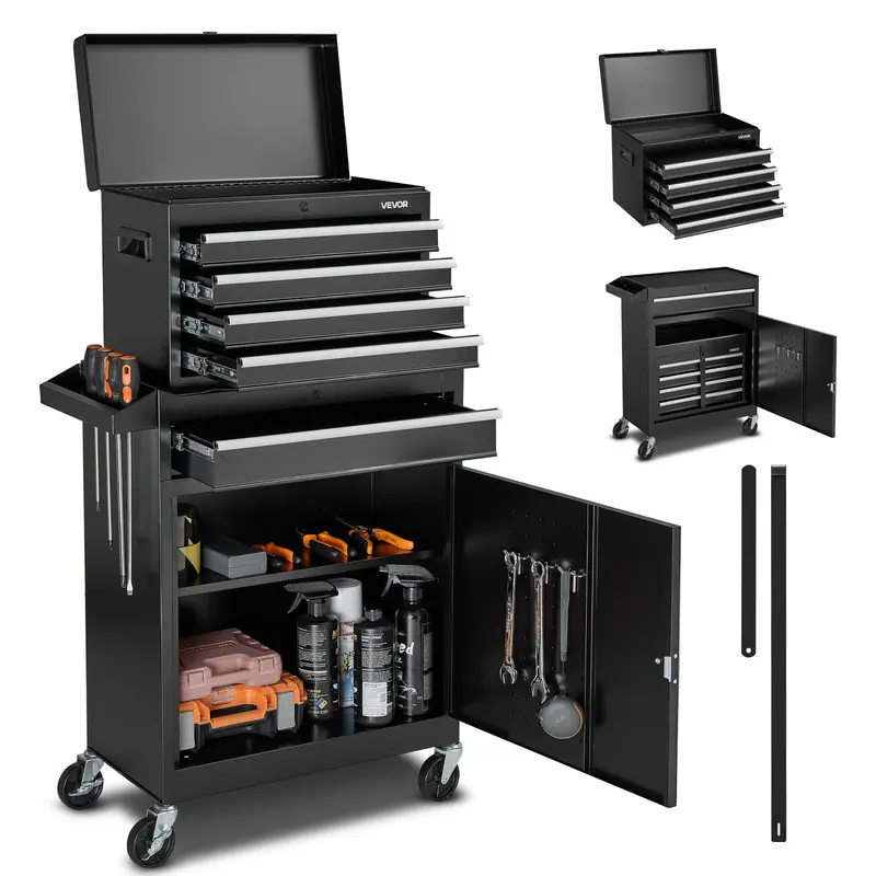 【toolupgrade】VEVOR 2-in-1 Rolling Tool Chest with 5 Drawers, Cold Rolled Steel Cabinet Organizer, Detachable Top Metal Toolbox & Parts, Lock Bar, EVA Padded Liner, Tools Rack, Shelf, Casters for Garage, Workshop