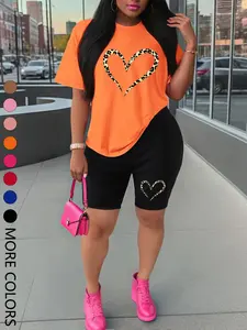 Summer New Short Sleeve Shorts Set, Sporty Heart Print, Comfortable Casual, Women's Two-Piece Outdoor Sports Wear, Athleisure Wear Sets, Heart Print Sportswear, Fitness Sportswear Set