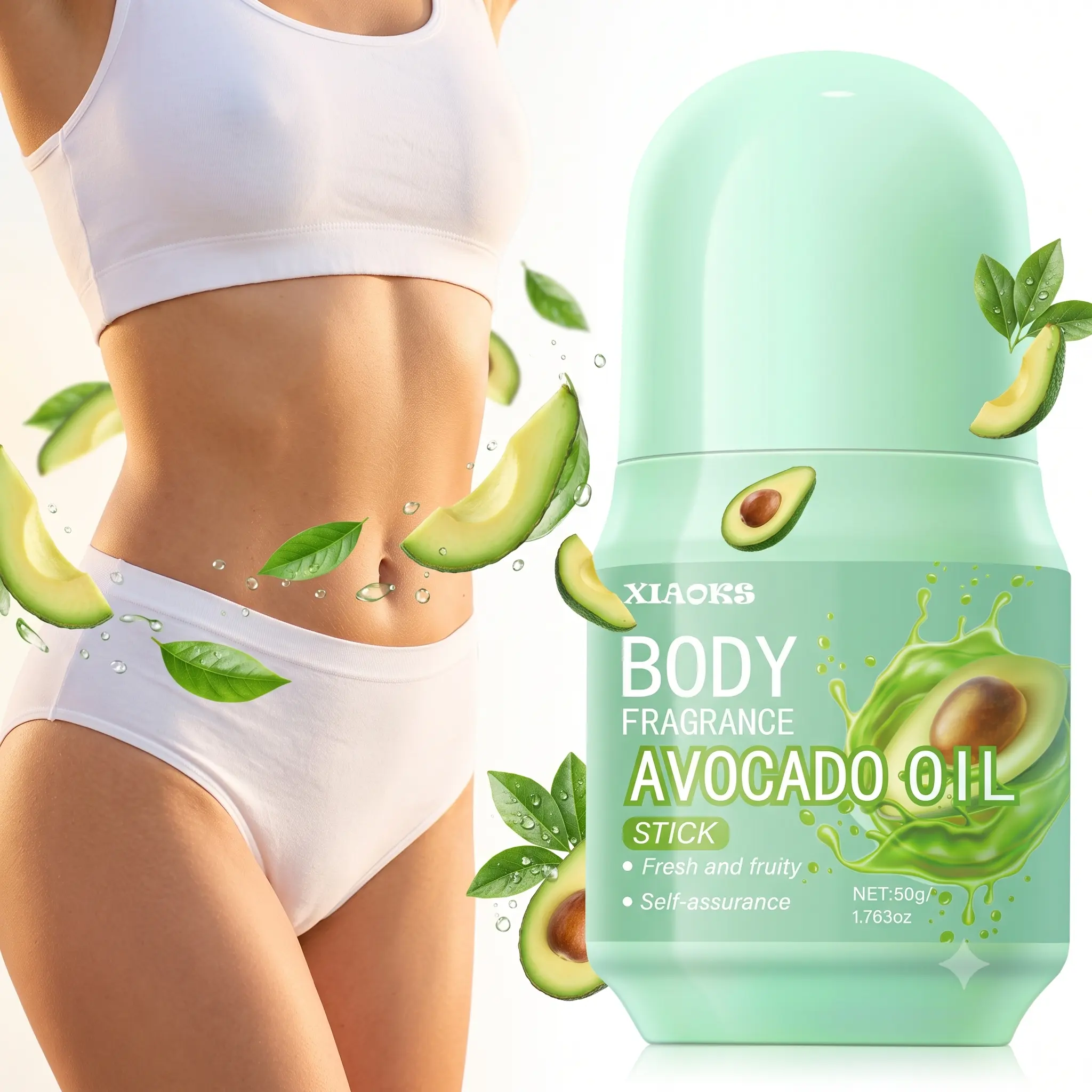 XIAOKS Avocado Oil Whole Body Deodorant, 24H Hydrating Odor Control Roll-On for Smooth Daily Body Care, Scented Stick - 50g, Aluminum Free, Cruelty Free, Fresh Mint, Underarm Care