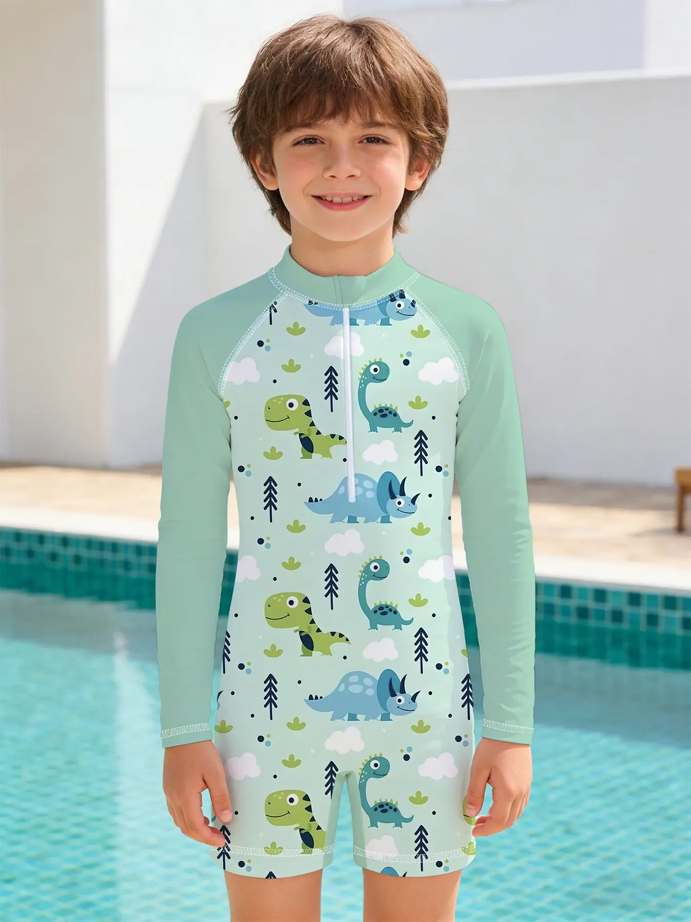 Boys' one-piece swimsuit Forest Cartoon Little Dinosaur Style, Dinosaur printed swimsuit, long-sleeve sun-protective one-piece swimwear, highly elastic, quick-drying and sweat-free, suitable for pool training, seaside water play