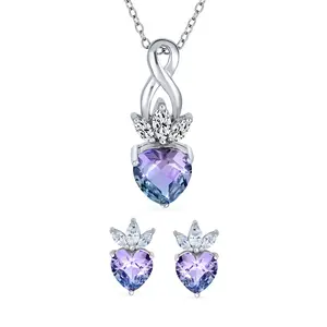 Mystic Purple Blue Heart Shaped CZ Infinity Pendant Necklace & Earrings Set .925 Sterling Silver