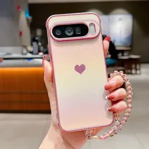 Silk Colorful Electroplated Heart Crystal Lanyard Aesthetic Phone Case for Pixel 7a 8a 9a 8 8pro 9/9pro 9pro Xl 10/10pro 10pro Xl
