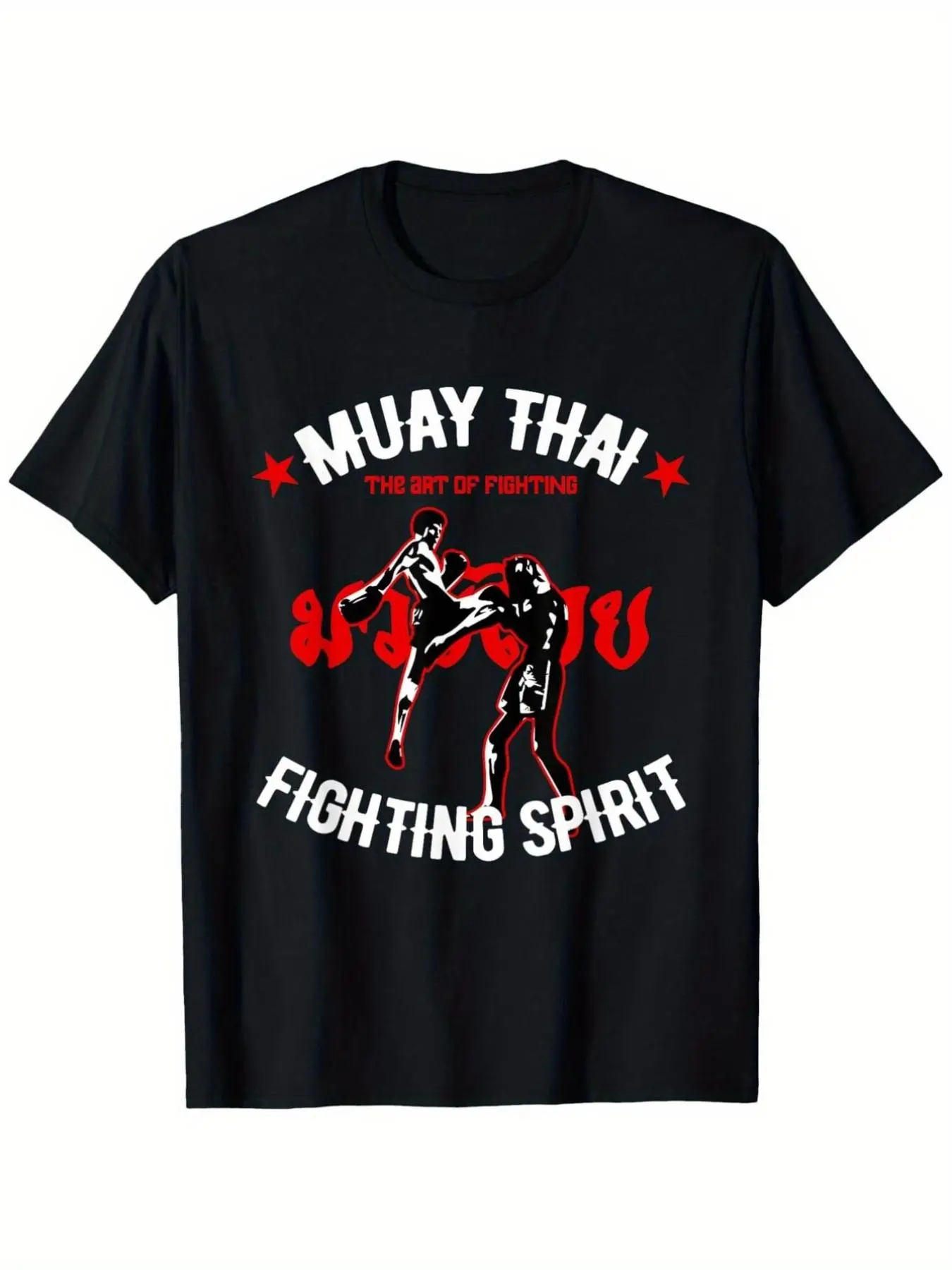 Men's Retro Muay Thai Fighting Spirit Graphic T-Shirt - with Red and Thai Boxing Art, Kickboxing and MMA Design, Soft Durable Fabric, Round Neck Short Sleeve for Gym Training, Martial Arts Events and Casual Wear - Breathable Combat Sports Apparel