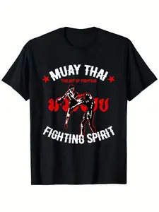 Men's Retro Muay Thai Fighting Spirit Graphic T-Shirt - with Red and Thai Boxing Art, Kickboxing and MMA Design, Soft Durable Fabric, Round Neck Short Sleeve for Gym Training, Martial Arts Events and Casual Wear - Breathable Combat Sports Apparel