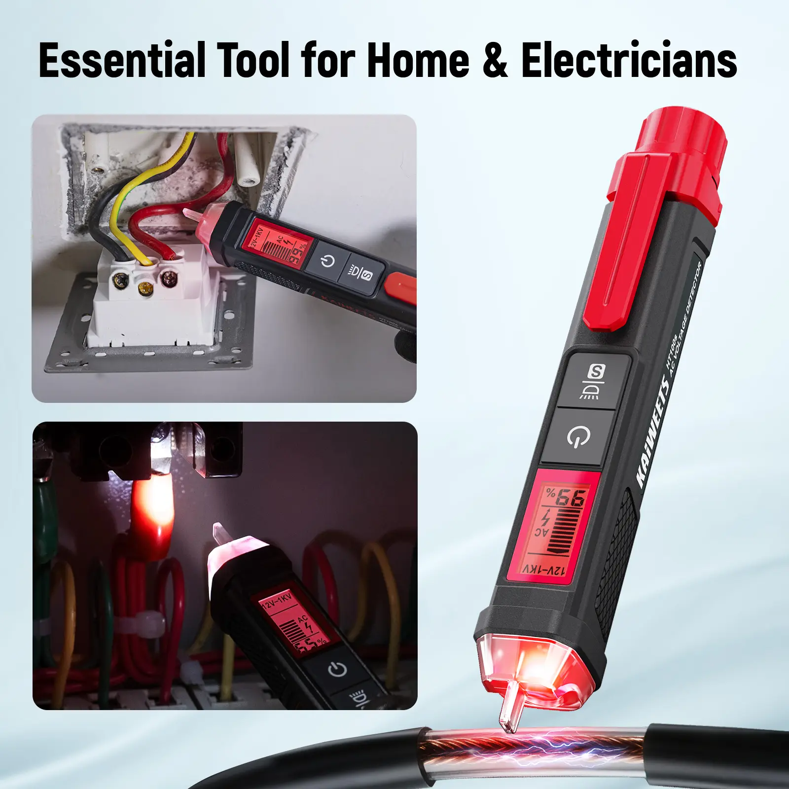 KAIWEETS Voltage Tester/Non-Contact Voltage Tester with Signal Percentage, Dual Range AC 12V/70V-1000V, Live/Null Wire Tester, Electrical Tester with LCD Display, Buzzer Alarm, Wire Breakpoint Finder