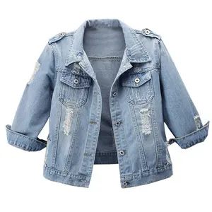 Talakeno Women's Autumn 3/4 Sleeve Retro Short Denim Jackets Light Blue Jean Coats Ripped Collared Fitted Casual Outerwear