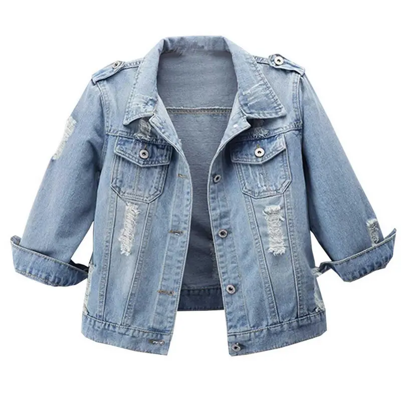 Talakeno Women's Jean Jacket - Autumn 3/4 Sleeve, Retro Ripped, Turn-Down Lapel, Fitted, Button-Front, Plain Wash Light Blue Casual Outerwear for Party